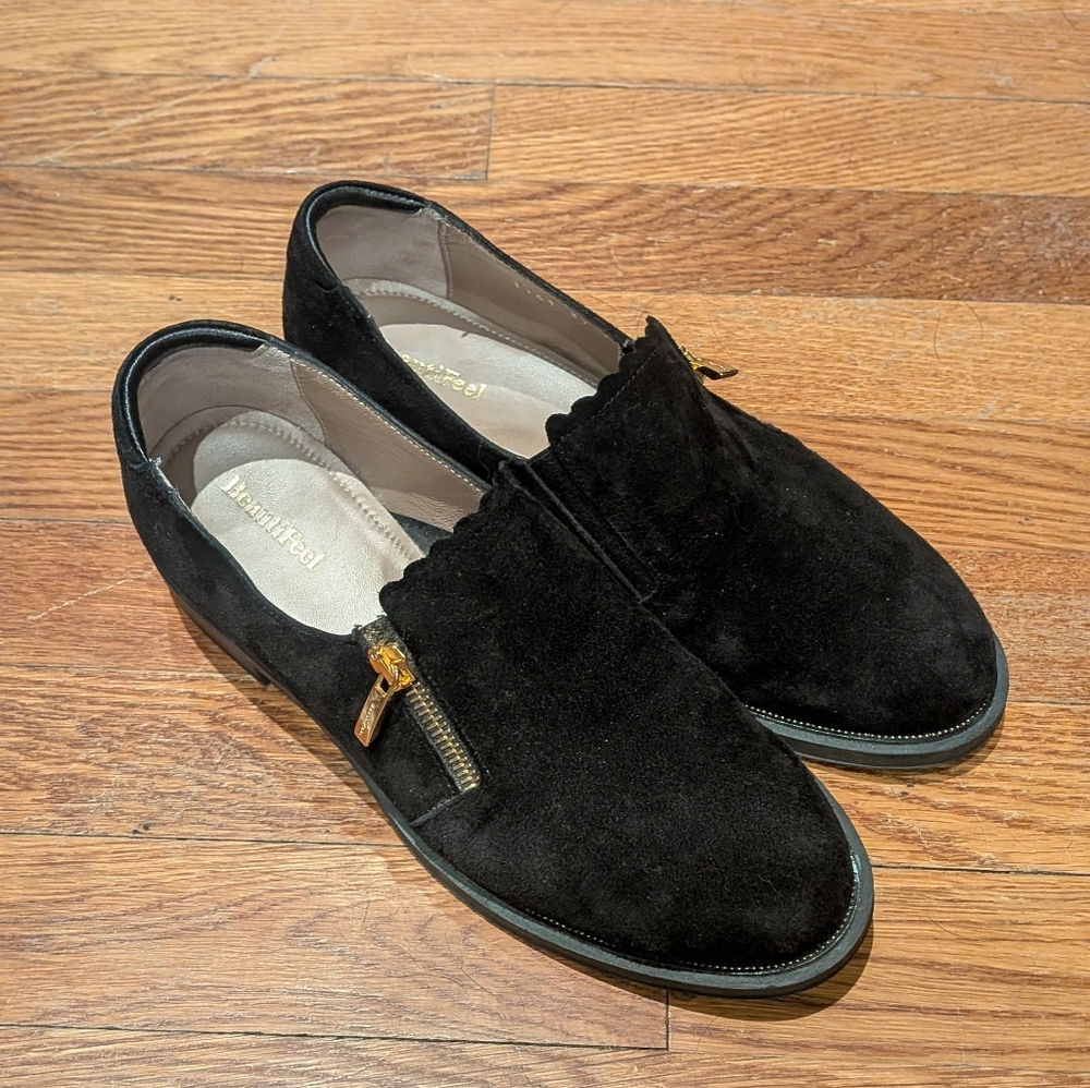 BeautiFeel Black Suede Loafers with Gold Zipper